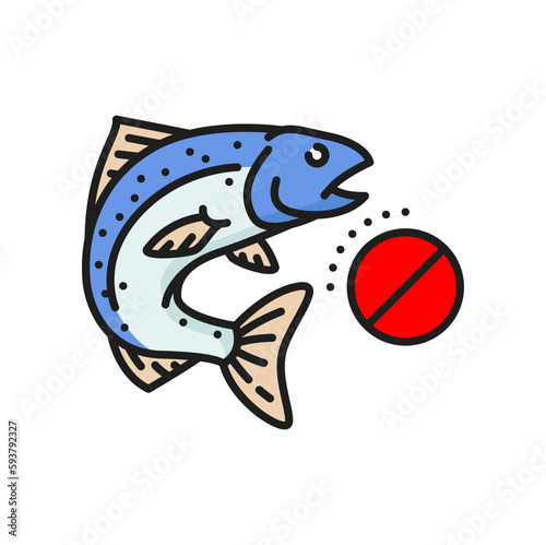 Seafood and fish product allergy color line icon. Nutrition ingredient prohibition, food intolerance or allergy vector icon. Food product allergen outline sign or pictogram with salmon or trout fish