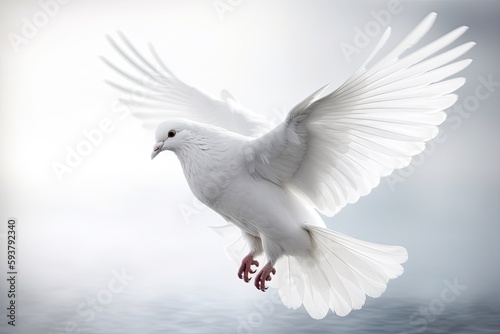 graceful white bird soaring over a tranquil blue body of water. Generative AI