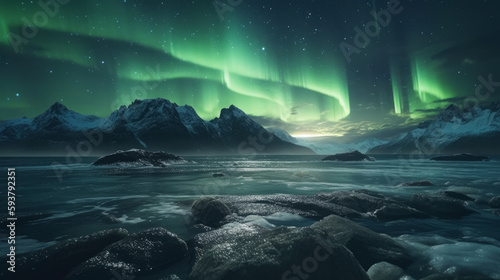 Magnificent aurora realism over arctic rocky seascape. Realistic illustration. Al generated