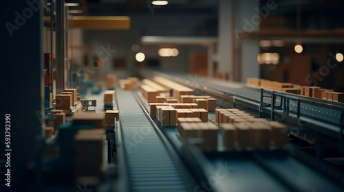 Realistic ilustration of cardboard boxes on a conveyor belt. Al generated © ArtStage