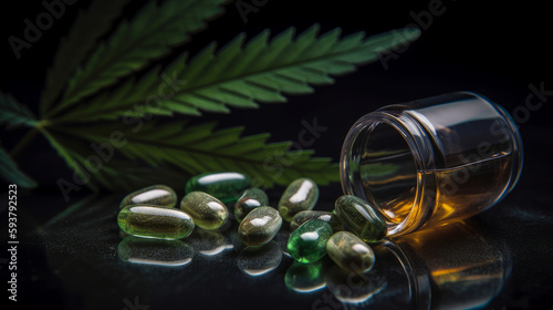 Medicial CBD pills next to a Cannabis leaf. Al generated