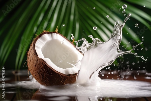 Coconut milk splash on blurred tropical background. Ai. Cracked coconut with milk splash   photo