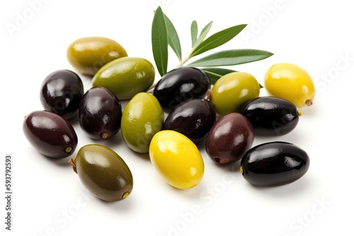 delicious pile of fresh olives with a green leaf on top. Generative AI