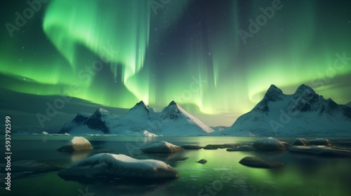 Magnificent aurora realism over arctic rocky seascape. Realistic illustration. Al generated
