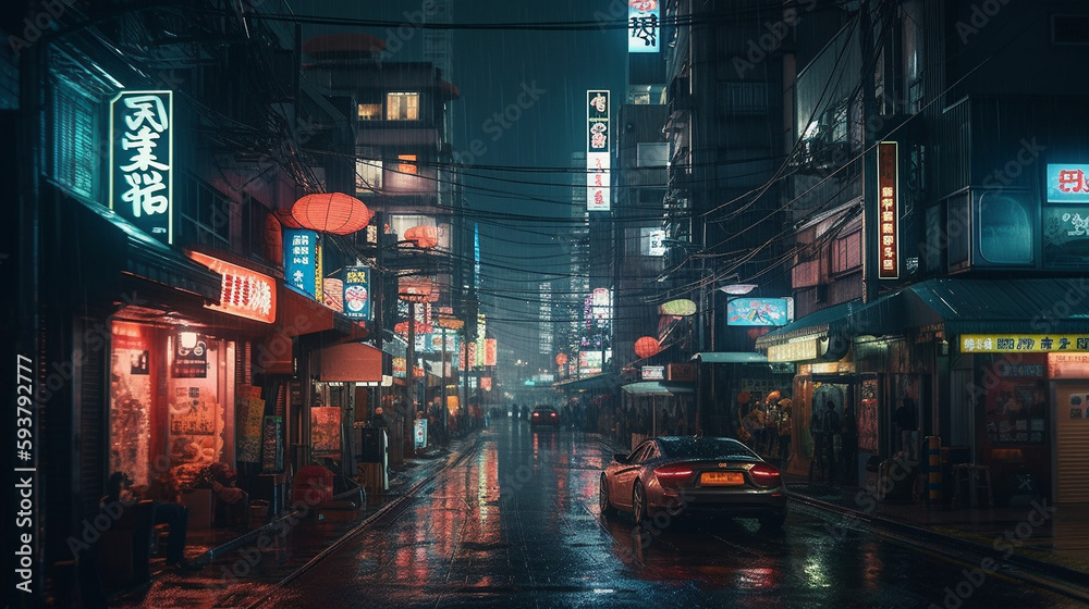 City at night, japanese street, AI Art