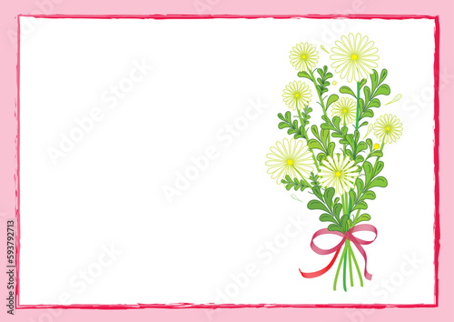 Wallpaper Mural Congratulations with flowers in a frame on a white blank background. White daisies in a bouquet with a bow, postcard with place for your text. Red frame border. Vector and jpg. Torontodigital.ca