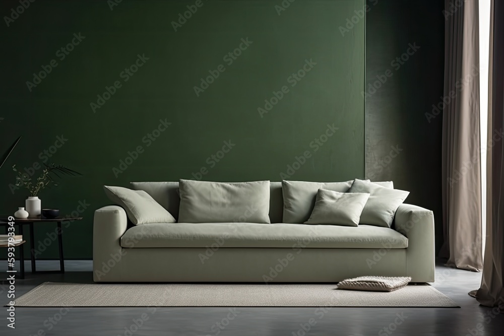 Fototapeta premium modern living room with green walls and a white couch. Generative AI