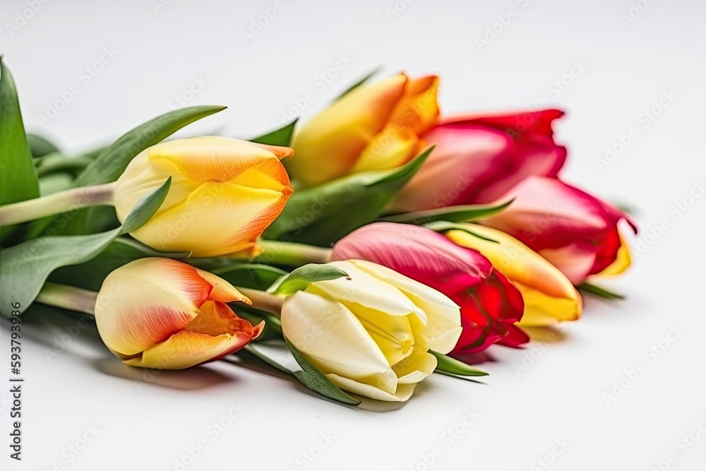 colorful tulips arranged on a white backgroun. Generative AI colorful tulips arranged on a white backgroun. Generative AI
