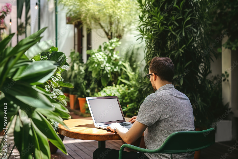 Young man is working remotely on laptop outdoor in garden. Generative ai Young man is working remotely on laptop outdoor in garden. Generative ai