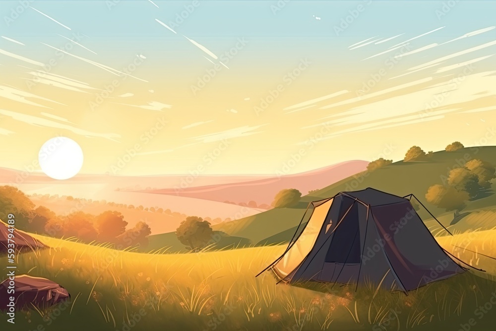 picturesque mountain camping scene with a pitched tent in a field. Generative AI