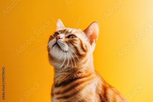 close-up shot of a cute cat with a vibrant yellow background. Generative AI