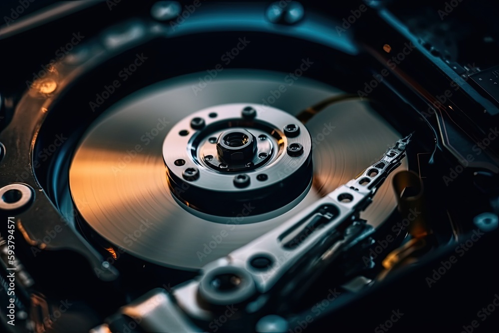 close-up of the internal components of a hard drive. Generative AI close-up of the internal components of a hard drive. Generative AI