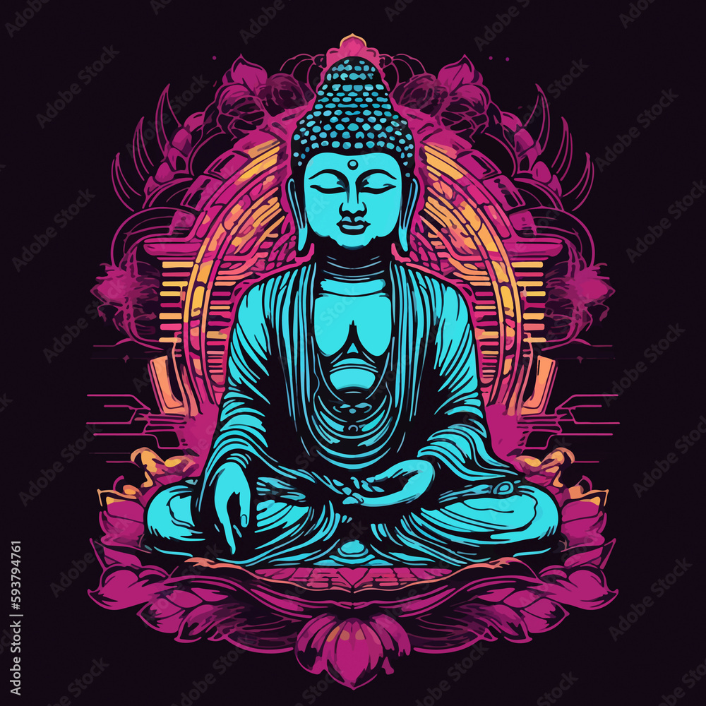 buddha art illustration, synthwave style, with a contour and dark background buddha art illustration, synthwave style, with a contour and dark background
