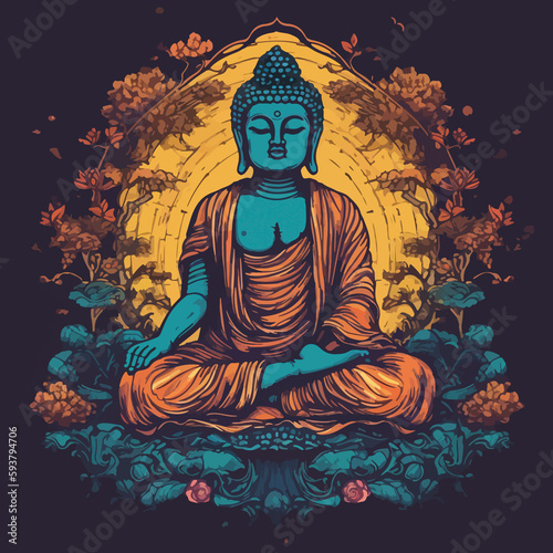 Buddha reaching nirvana  on the top of a very tall mountain  super vibrant illustration design
