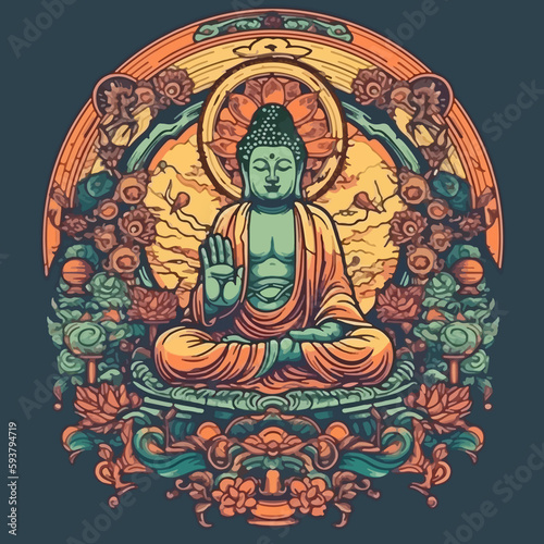 Buddha reaching nirvana, on the top of a very tall mountain, super vibrant illustration design © Fernando