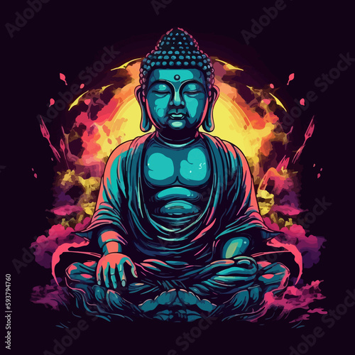 buddha art illustration  synthwave style  with a contour and dark background
