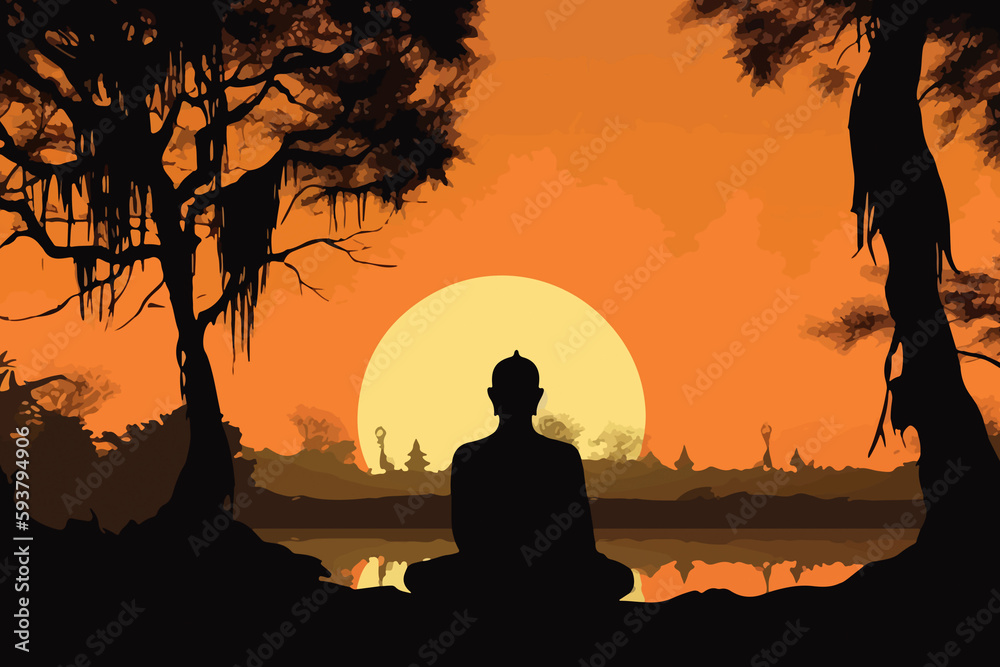 Serene meditating Buddha, religious silhouette, monastic setting, sunset scene