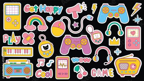 Set of trendy hipster retro cool elements. Collection sticker of groovy retrowave clipart. Collage with trend pop vibe with funky design element. background stickers emblem of cartoon vector.