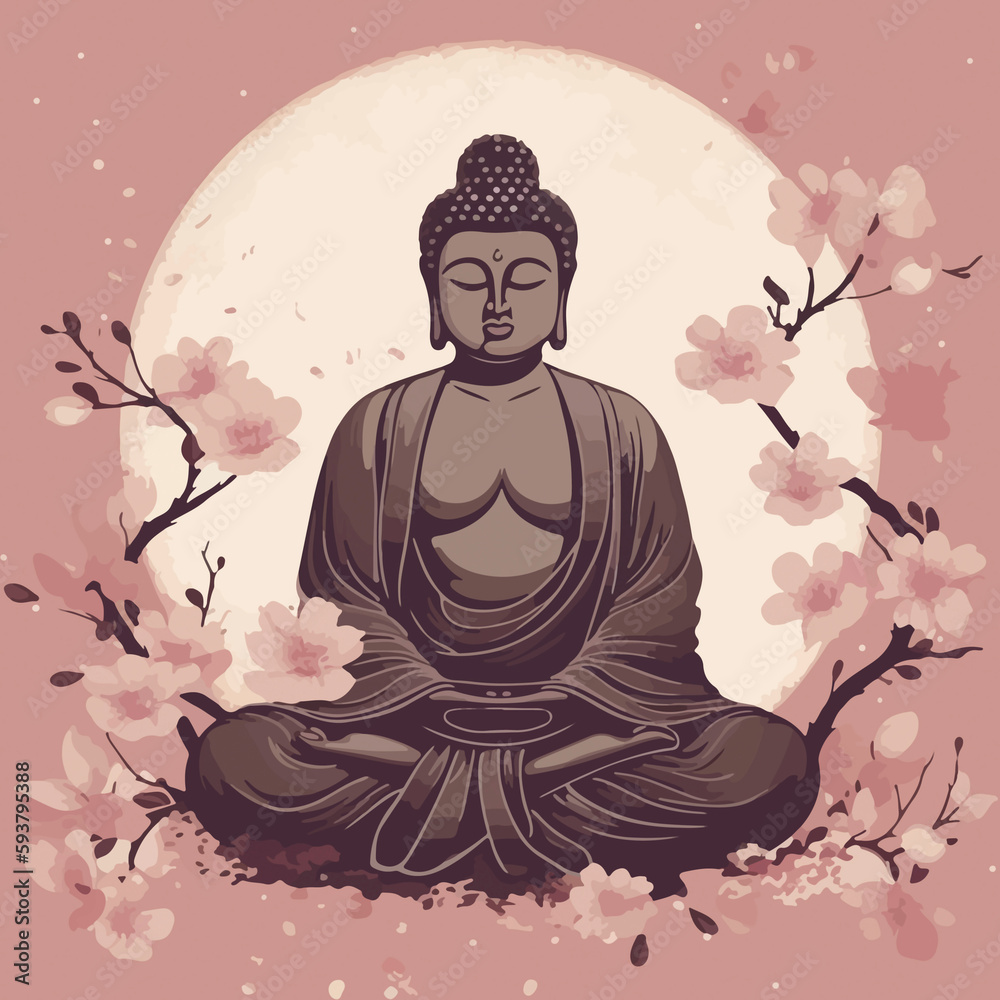 buddha statue with cherry blossom. mediation and zen concept. designed using