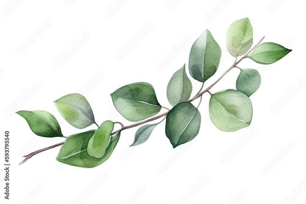 Fototapeta premium watercolor painting of a branch with green leaves. Generative AI