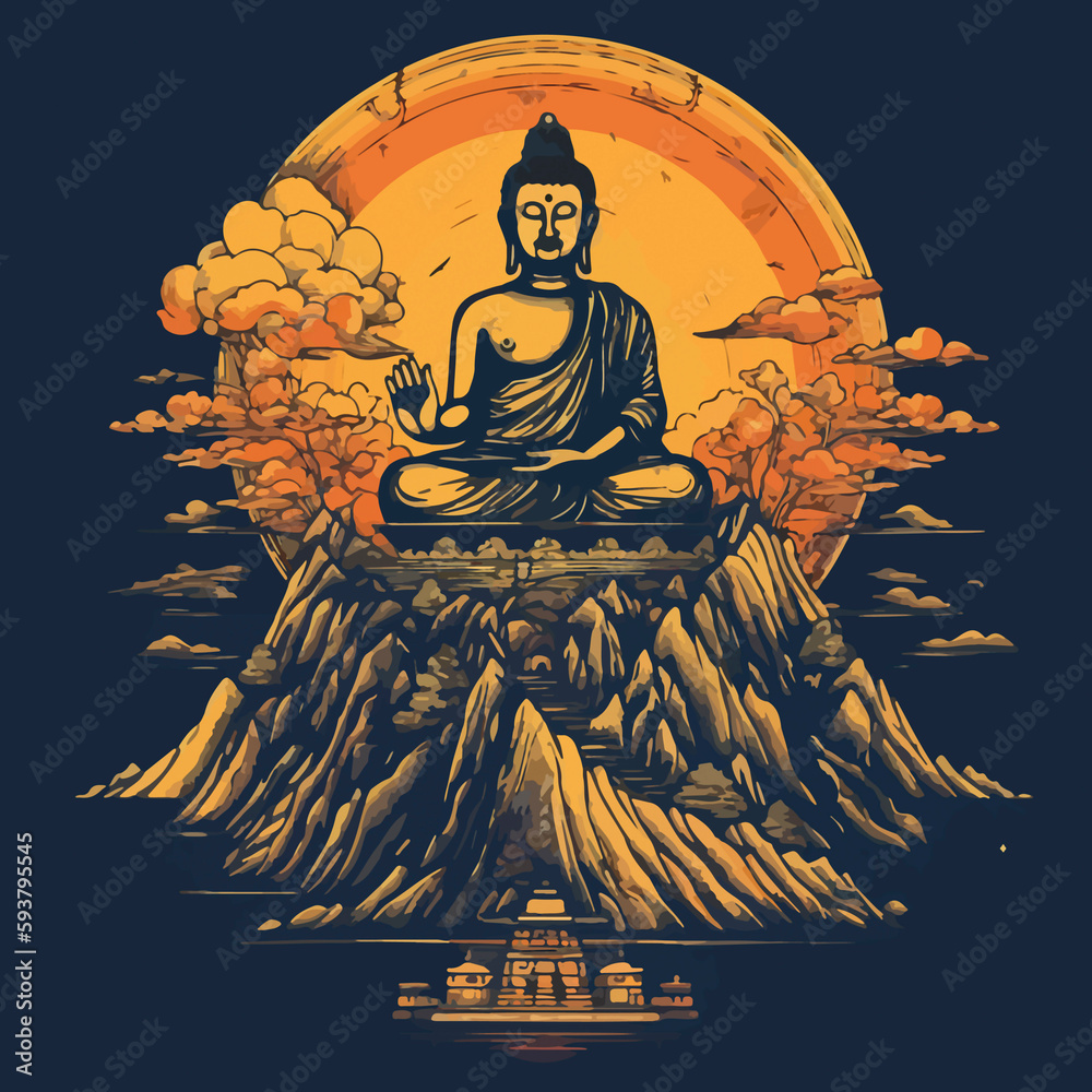 Buddha reaching nirvana, on the top of a very tall mountain, super vibrant illustration design Buddha reaching nirvana, on the top of a very tall mountain, super vibrant illustration design