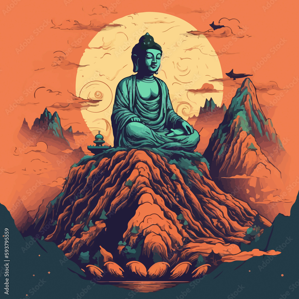 Buddha reaching nirvana, on the top of a very tall mountain, super vibrant illustration design Buddha reaching nirvana, on the top of a very tall mountain, super vibrant illustration design