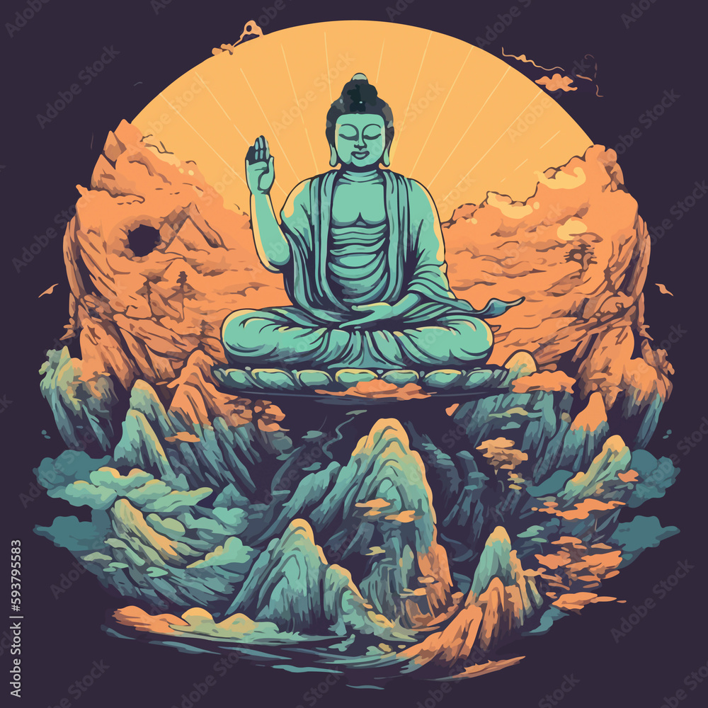 Buddha reaching nirvana, on the top of a very tall mountain, super vibrant illustration design Buddha reaching nirvana, on the top of a very tall mountain, super vibrant illustration design