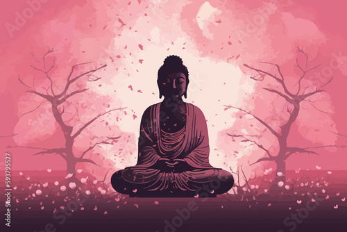 buddha statue with cherry blossom. mediation and zen concept. designed using
