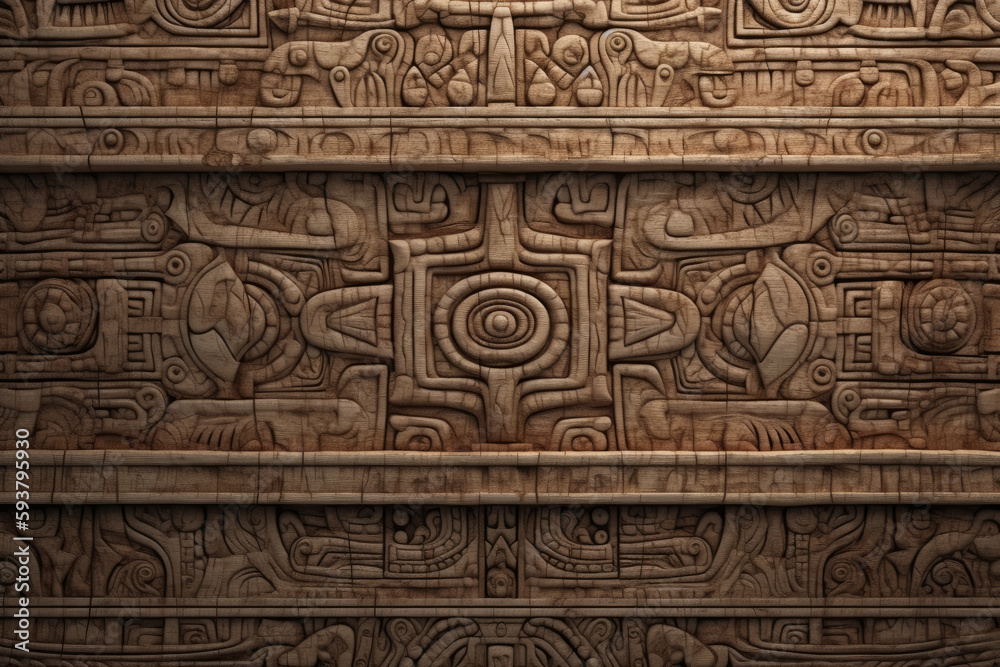 Wooden background, texture of planks, incan inspired carved maple