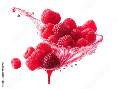 Raspberry with juice liquid splash, generative ai