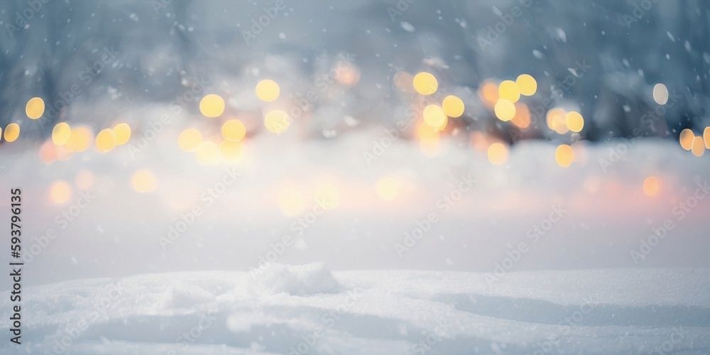 Naklejka premium Christmas winter blurred background, generative ai image of snowy landscape with festive glow