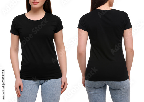 Woman wearing casual black t-shirt on white background, closeup. Collage with back and front view photos. Mockup for design