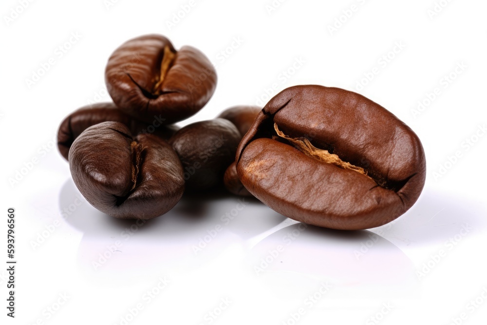 heap of freshly roasted coffee beans on a wooden surface. Generative AI heap of freshly roasted coffee beans on a wooden surface. Generative AI
