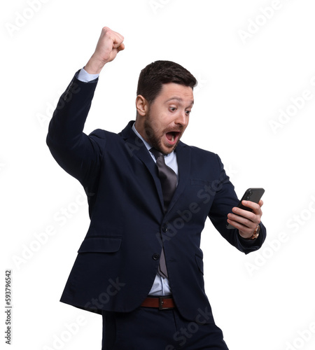 Handsome bearded businessman in suit using smartphone on white background © New Africa