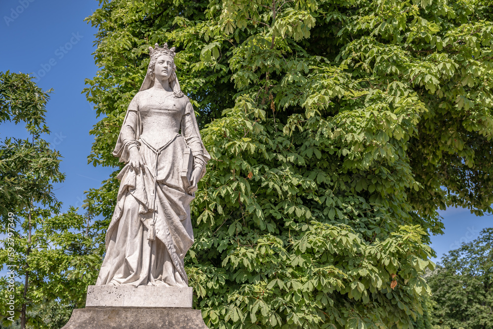 Beautiful antique, historical statue in the free public park, the Luxembourg Gardens, in Paris, France.