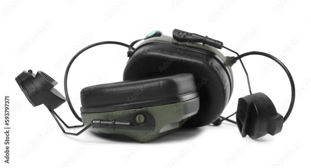 Tactical headphones on white background. Military training equipment Tactical headphones on white background. Military training equipment