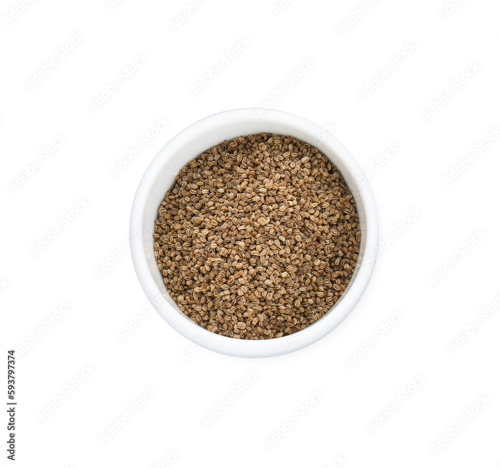 Bowl of celery seeds isolated on white, top view Bowl of celery seeds isolated on white, top view