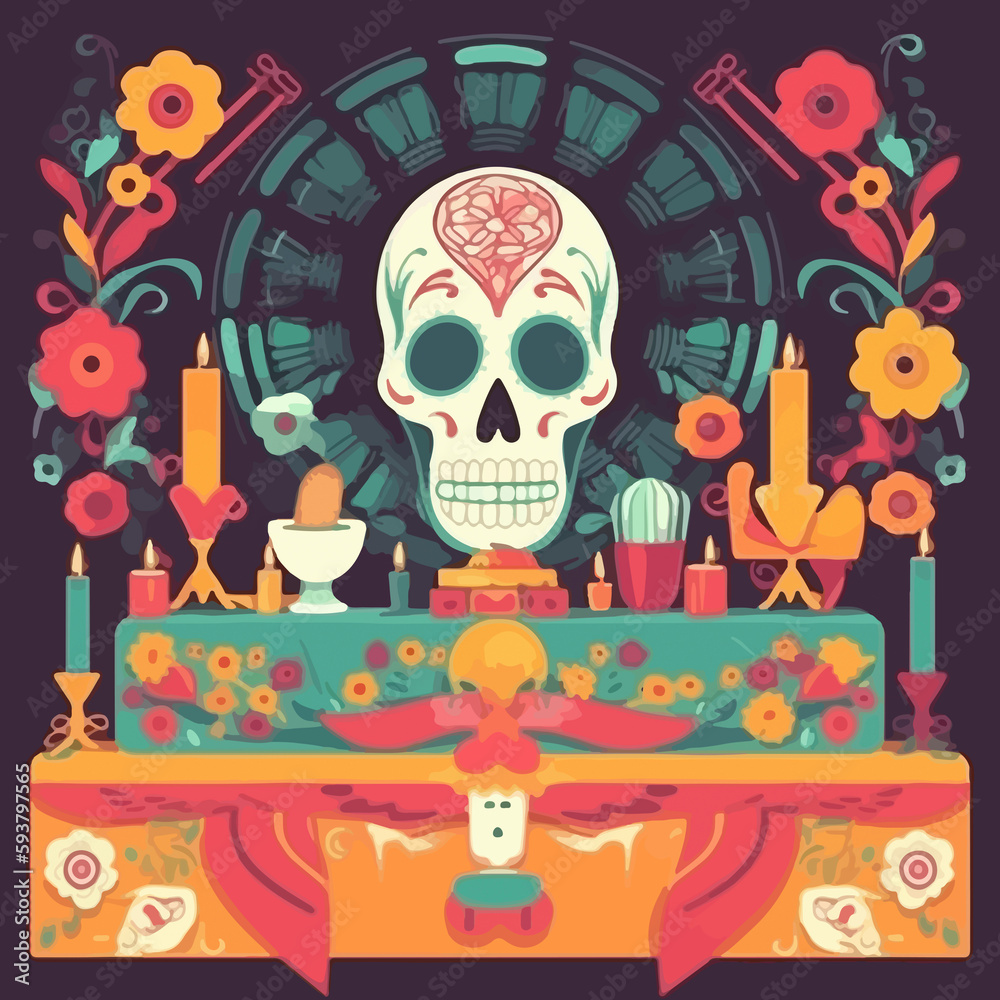 Obraz premium Vibrant Day of the Dead skull altar, conceptual background