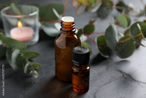 Bottles of eucalyptus essential oil and plant branches on grey table