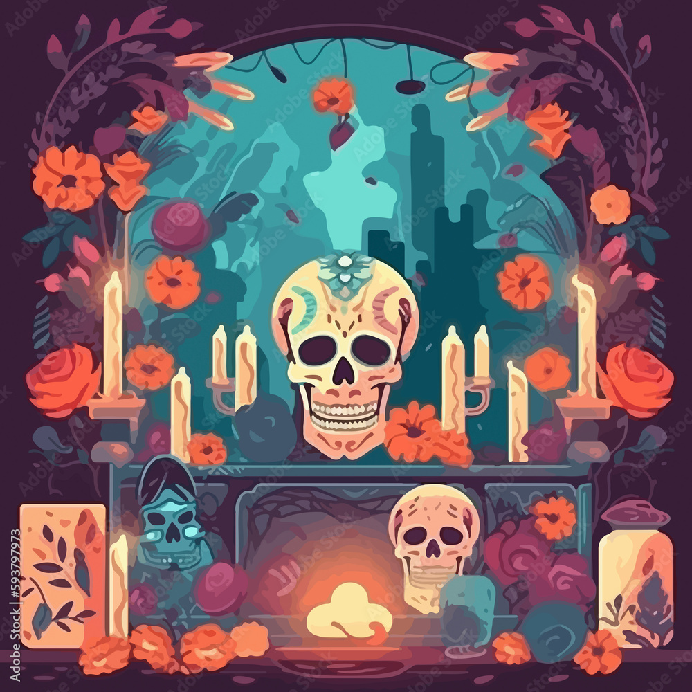 Colorful skull altar for Day of the Dead, creative background design