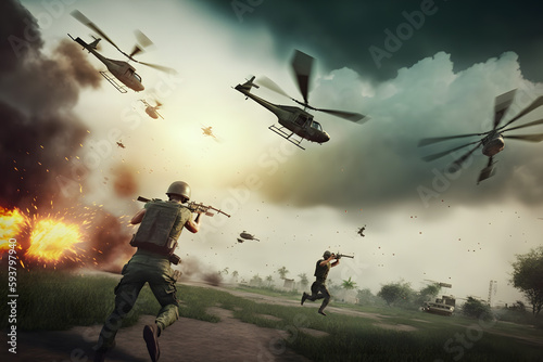 Vietnam war with helicopters and explosions. Neural network AI generated art photo