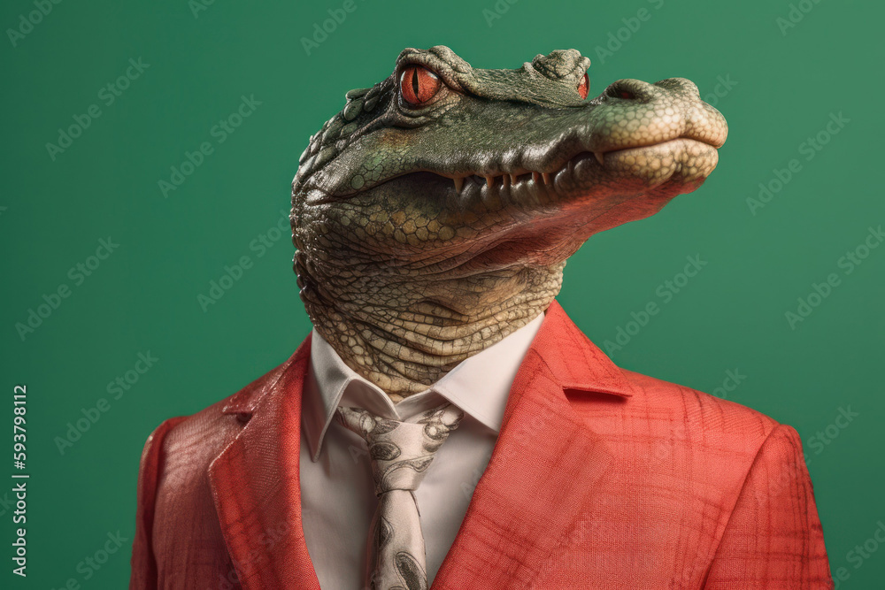 Anthropomorphic Alligator dressed in a suit like a businessman. Business Concept. AI generated, human enhanced