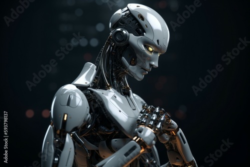 The contemporary white robot is pondering about the solution to the problem. AI generated, human enhanced © top images