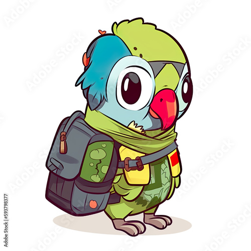Parrot traveller with backpack, cartoon chibi style, AI generative illustration