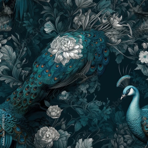 Tiles wallpaper with birds in a forest. AI generated  human enhanced