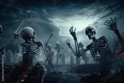 Zombies Rising In Dark. Bones And Skulls Out Of A Cemetery. AI generated, human enhanced © top images