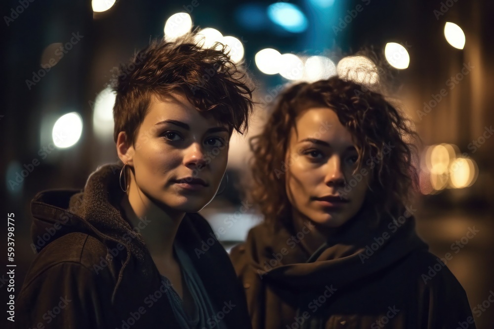 Young lesbian couple in their moment of intimacy at night in the street. AI generated, human enhanced Young lesbian couple in their moment of intimacy at night in the street. AI generated, human enhanced