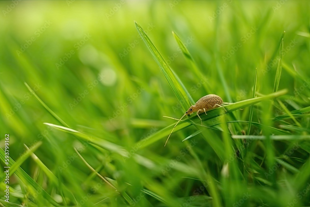 tiny insect perched on a blade of grass in a lush green field. Generative AI tiny insect perched on a blade of grass in a lush green field. Generative AI