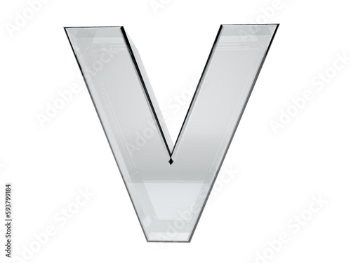 Letter V transparent glass. Background transparent in png.