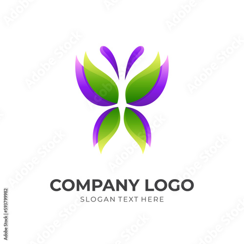 butterfly spa logo template with 3d green and purple color style